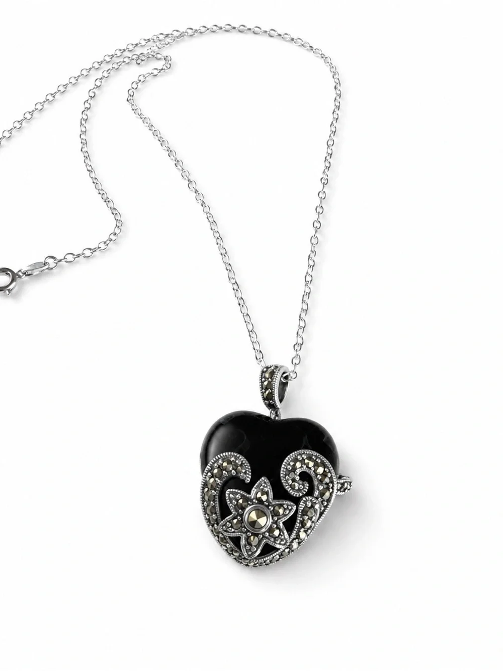 Black Onyx Marcasite Large Heart Pendant Necklace Rhodium Over Brass 🖤✨
